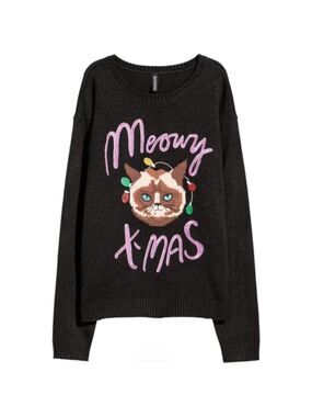 H&M Novelty Embroidered  "Meowy X-Mas" Black Knit Sweater womens sz Medium